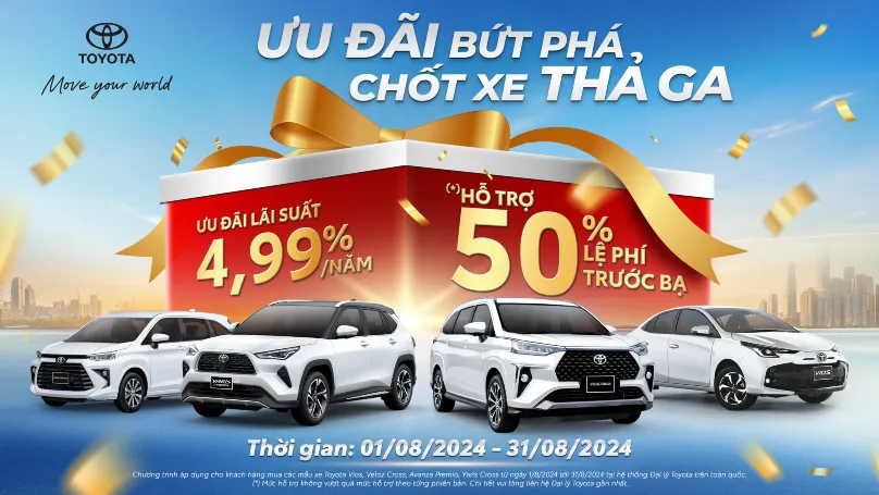 Khuyến mãi mua xe Toyota trong tháng 08/2024: ƯU ĐÃI BỨT PHÁ, CHỐT XE THẢ GA